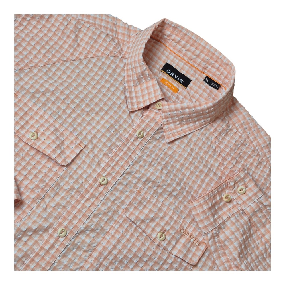 Orvis Men's XL Orange White Gingham Seersucker Long Sleeve Active Fit Shirt